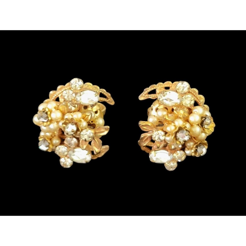 Haskell Robert Clip On Earrings Crescent Moon Vintage Beaded Pearl Rhinestone